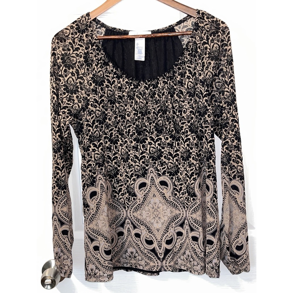 LizWear Women's Black Geometric Long Sleeve Lined V-Neck Casual Stretch Size L